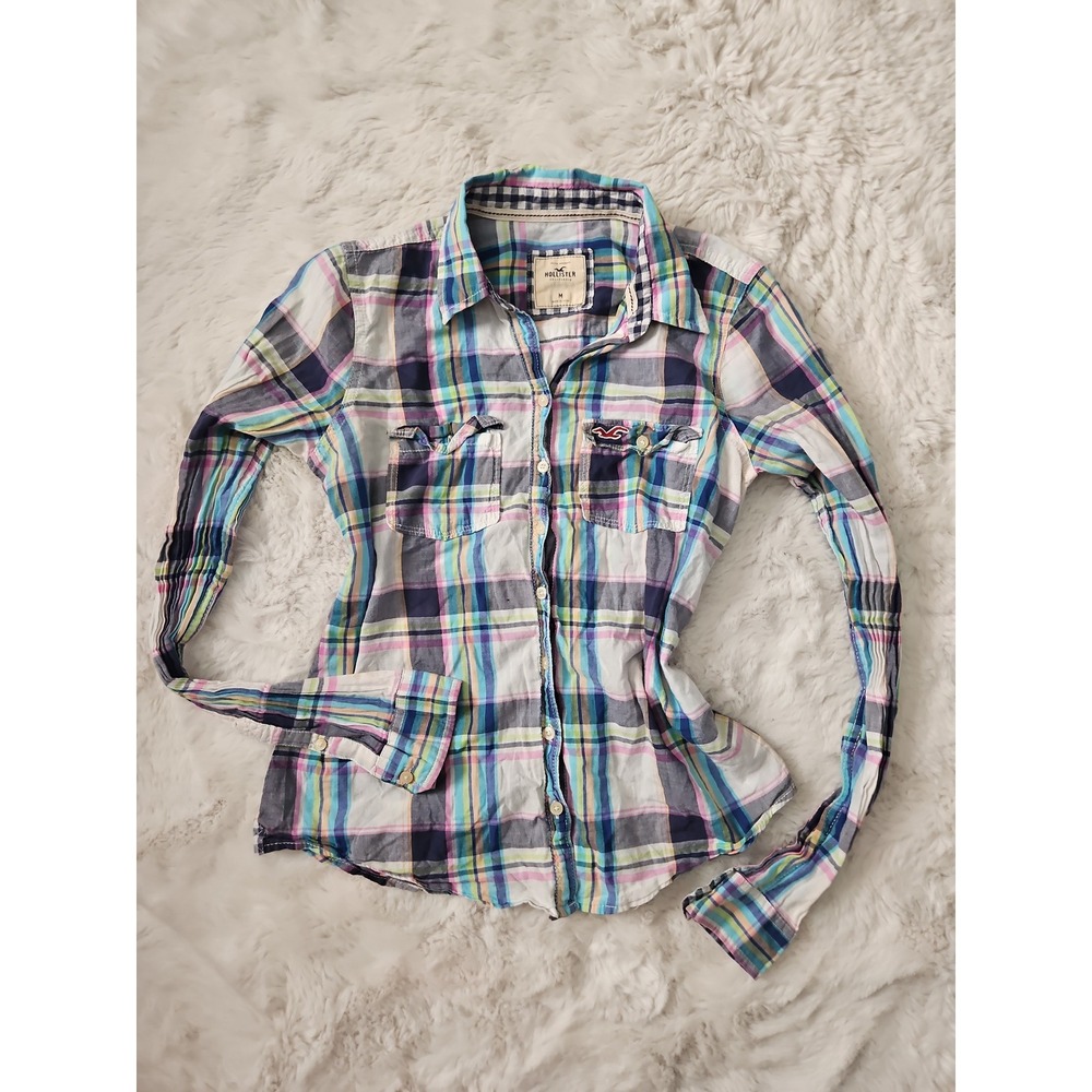 Vintage Y2K Hollister‎ Multi Color Plaid Button Down Blouse Size M